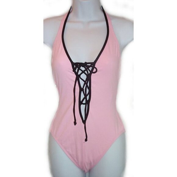 Anne Cole Pink Low V-Front Lace Up 1 Piece Swimsuit - Sz 8 - NEW - Picture 1 of 10